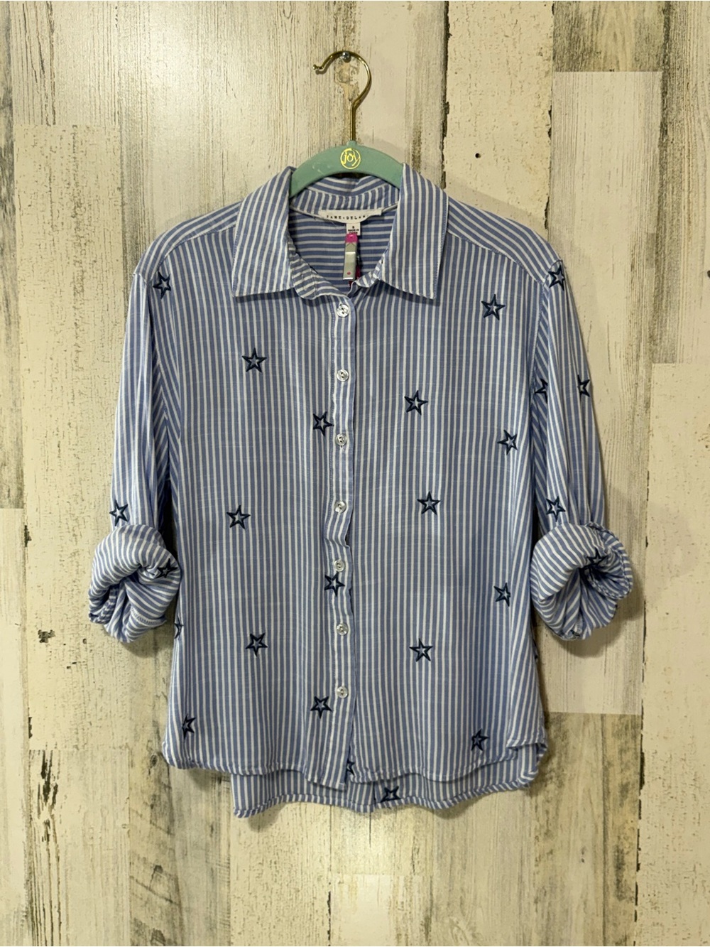 Blue & White Striped Star Embroidered Button-Up Shirt